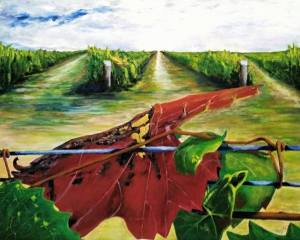 'A Drop of Red' painting of grape vines and a vine leaf by artist Trevor O'Sullivan 